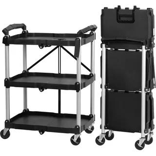 Mahlzeit faltbarer Servierwagen mit Rollen, belastbar bis 150 kg, 3 Etagen Lagerregal, Schwarz - Schwarz