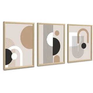 3 Pcs Mid Century Geometrische Linien Leinwandbilder Bilder Set mit Rahmen, Weiß Braun Minimalistisch Bilder Moderne Wandbilder Schlafzimmer Bild Auf Leinwand Kunstdruck Deko für Wohnzimmer 30x40cmx3