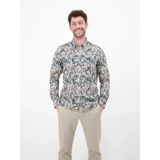Langarmhemd LERROS, Herren, Gr. XL, N-Gr, weiß, Web, Obermaterial: 97% Baumwolle, 3% Elasthan, bedruckt, geblümt, normal hüftbedeckend, Rundhals, 1-Knopf-Manschette, Hemden Langarmhemd, mit Minimal-Print, geblümt