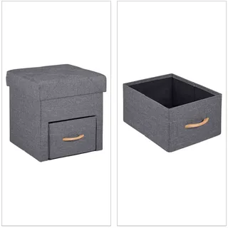 Relaxdays Sitzhocker mit Stauraum, Schublade, Fach, faltbar, gepolstert, Sitzwürfel Stoff, HxBxT 40,5 x 40 x 40 cm, grau