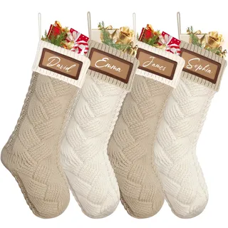 Dremisland 4 Stück Große Weihnachtsstrumpfe Personalisiert 46cm Khaki Weiß Nikolausstrumpf mit Namensschilder Gestrickt Weihnachtssocken Kamin Christmas Stockings für Feiertags Familien Party Dekor