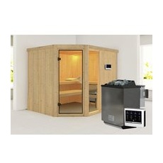 KARIBU Sauna »Paide 3«, inkl. 9 kW Bio-Kombi-Saunaofen mit externer Steuerung, für 4 Personen - beige