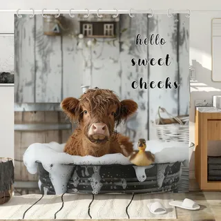 Hnmdmyi Duschvorhang Lustige Hochland Kuh 120x180, Bauernhaus Western Tier Rind Ente Baden in Sprudelnder Badewanne Badewanne Vorhang Wasserdicht Polyester Stoff Waschbar Badevorhang mit Haken