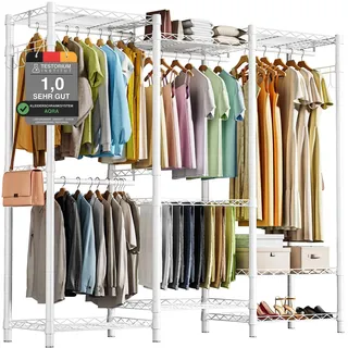 AQRA Offener Kleiderschrank System, Schwerlast Kleiderständer Stabil Einfache Montage, Metall Begehbarer Kleiderschrank Höhenverstellung Stabil 4 Montageoptionen Schuhablage Regal 172 x 194 x 38 Weiß