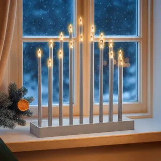 Garden Mile Silberne LED-Weihnachtskerzenbrücke, 17 warmweiße Kerzen, batteriebetrieben, Weihnachtskerzenbrücke für Fenster, Tisch oder Kaminsims, traditionelle Weihnachtsdekorationen für den