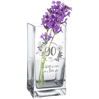 Casa Vivente Vase zum 90. Geburtstag mit süßer Gravur, Eckige Glasvase mit Alter und Spruch als Geburtstagsgeschenk für Frauen, Blumenvase für Moderne Deko