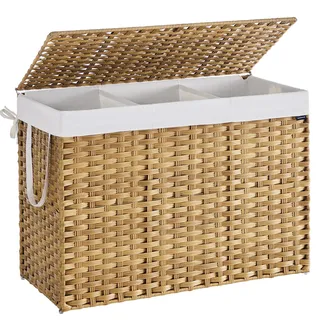 Songmics Wäschekorb 3 Fächern, Wäschesammler 200 L, Wäschebox aus synthetischem Rattan, mit Deckel und Griffen, geflochten, faltbar, herausnehmbarer Wäschesack, naturfarben LCB320Y01