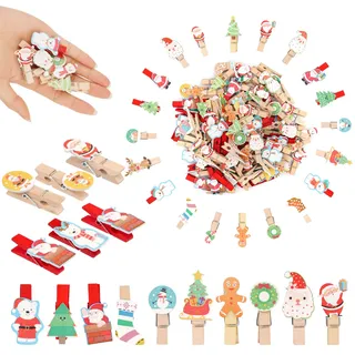 Ailvor 100 Stück Holzklammern Weihnachten, Wäscheklammer Holz mit Jute Schnur, Klammern Weihnachten Klein, Zierklammern Dekoklammern für Fotos Party Weihnachten Dekoration Hochzeit