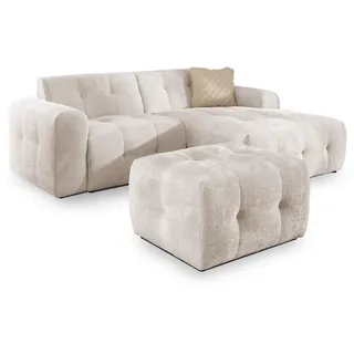 S-Style Ecksofa inkl. Hocker Kozy im Bumpy-Design mit Schlaffunktion und fester Rückenlehne aus weichem Beige Chenille-Stoff - Ottomane rechts , Creme , Textil , Teilmassiv, Echtholz,Birke, Buche , 234x161 cm , Blauer Engel, FSC Mix, Oeko-Tex®, Hergestellt in Europa , Wohnzimmer, Sofas & Couches, Wohnlandschaften, Ecksofas