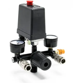 Wiltec Druckregler 165 x 130 x 200 mm mit Druckschalter für Kompressor, Druckminderer bis 8 bar rmit 2 Anzeigen, 2 Kupplungen und Sicherheitsventil