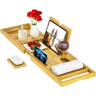 Ausziehbare Badewannenablage aus Bambus verstellbares Badewannenbrett Badewannen Ablagen, mit Getränkehalter, Buchstütze
