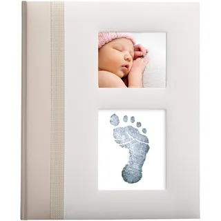 pearhead Baby Memory Book with Included Clean-Touch Ink Pad to Create Baby's Hand or Footprint, New Mum Gift, Record Milestone Journal, UK English Version, Ivory