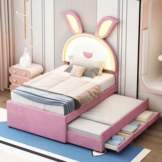 Flieks Kinderbett mit Unterbett, Polsterbett mit Lattenrost und Schubladen, Jugendbett Einzelbett mit LED, Tagesbett Gästebett 90x200cm/90x190cm, Samt, Rosa - Rosa
