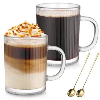Anhow 2er Cappuccino Tassen, 350ml Latte Macchiato Gläser mit Löffel Gläser Geriffelt Espresso Tassen Set Kaffeegläser für Latte/Cappuccino/Getränke/Tee/Kaffee
