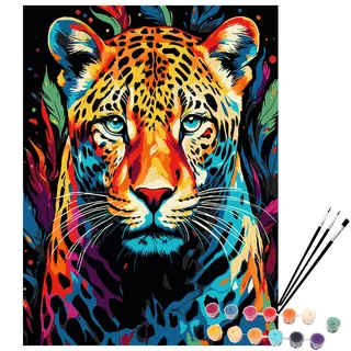 EXERZ Malen-nach-Zahlen-Set, 30 x 40 cm Leinwand mit Acrylpigmenten, Pinseln und Zubehör (Leopard)