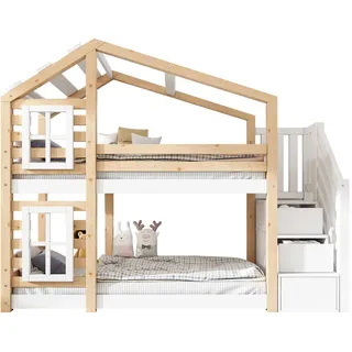 Okwish Etagenbett Baumhaus 90/200 cm Natur & Weiß mit Speicher und Rausfallschutz , Naturfarben , Holzwerkstoff , 90x200 cm , Babymöbel & Kindermöbel, Kinderzimmer & Jugendzimmer, Stockbetten