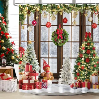 Dazzlewall Duschvorhang Weihnachten 180 x 180 cm, Weihnachtskranz Baum Schneig Fenster Duschvorhänge, Wasserdicht Anti-Schimmel Textil Badevorhang für Badezimmer mit 12 Haken