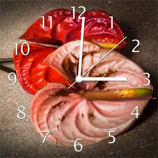 Wallario Design Wanduhr Blüten einer Flamingoblume - Anthurie - auf schwarzem Marmor aus Echtglas, Größe 30 x 30 cm - Schwarz