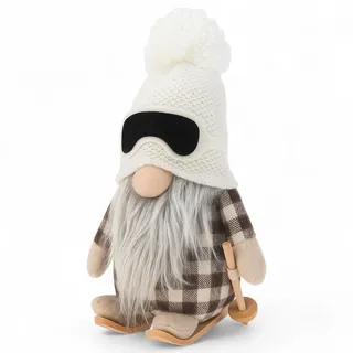MIJOMA Wichtel Dekofigur 20cm – Skandinavischer Stoff-Wichtel mit Wintermütze auf Holzskiern – Plüschfigur zum Aufstellen – Winterdeko Weihnachten Skandi Hygge Stil (Schneeflocken Weiß)