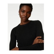 Womens M&S Collection Tailliertes, auf Figur geschnittenes Rippenstrickoberteil mit Rundhalsausschnitt - Black, Black, UK 10 (EU 38)