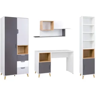 Deine Möbel 24 Jugendzimmer-Set Justin D 4-teilig in Weiß / Graphit / Grau / Eiche , Weiß, Graphitfarben, Grau, Eichefarben , Holzwerkstoff , 241x190x55 cm , Babymöbel & Kindermöbel, Kinderzimmer & Jugendzimmer, komplette Jugendzimmer