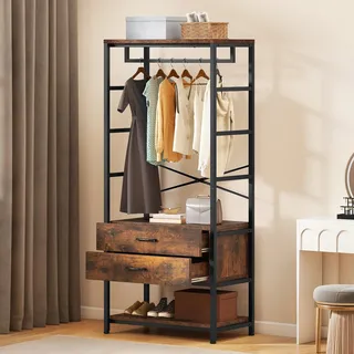 DWVO Garderobenständer, Kleiderstange mit 2 Holzschubladen, Garderobenstange mit Schuhablage, Industrielle Kleiderständer, Garderobe, für Eingangsbereich Wohnzimmer Schlafzimmer Flur, Vintagebraun