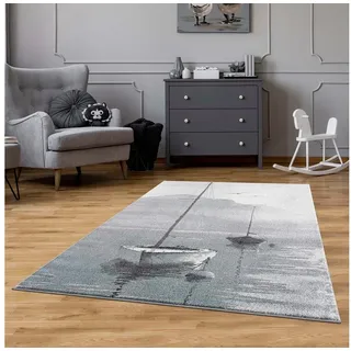 Carpet City Teppich Kinderzimmer Grau, Blau - 140x200 cm - Segelboot, maritimes Muster - Kinderzimmerteppiche Jungen und Mädchen - Kurzflorteppich Modern Wohnzimmer