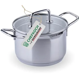Chefkoch trifft Fackelmann Kochtopf mit Glasdeckel Ø16 cm – 2,0 L Volumen, 1,5 L Füllmenge mit Innenskala, aus Premium Edelstahl mit Aluminium-Kern, für alle Herdarten inkl. Induktion