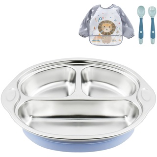 Esoes Kindergeschirr Set, Edelstahl Baby Teller Rutschfestes kinderteller mit Saugnapf, (Baby Geschirrset,Silikonlöffel, Gabel, Lätzchen) Geeignet für Kleinkinder und Kinder