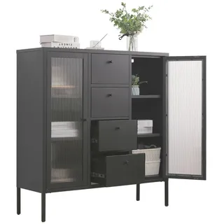 Coemo Mein-Regal Highboard Paris 105x35x110cm Metall 4 Schubladen Glastüren Schwarz