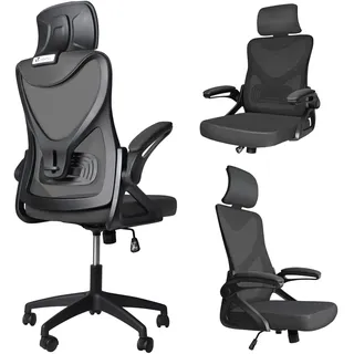 VOUNOT Bürostuhl ergonomisch, Schreibtischstuhl mit hochklappbaren Armlehnen, Einstellbarer Lendenwirbelstütze & Kopfstütze, Höhenverstellbarer Drehstuhl Chefsessel mit Wippfunktion bis 120° Schwarz