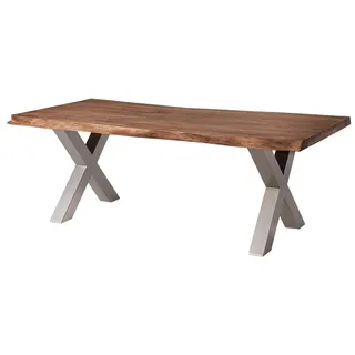 MASSIVMOEBEL24.DE Baumtisch Sheesham 200x100x77 grau gebeizt / X-Beine silber matt FREEFORM 5 - Grau