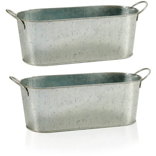 HdHStore Set mit 2 ovalen Pflanzgefäßen aus Zink und Griffen, Metallic, Maße pro Einheit: 27 x 11 x 10 cm. / Set mit 2 Blumentöpfen für Garten, Fenster, Terrassen