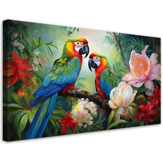 Feeby Leinwandbild Bunte tropische Dschungelpapageien 100x50cm - Multicolor - Textil - Tiere - Rechteckig - 100x50 cm - Bilder - Rahmen, Bilder, Leinwandbilder
