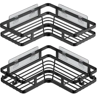 ZVZM Duschablage Ohne Bohren Schwarz Eckregal, Duschregal 2er-Pack, Badregal Ohne Bohren, Shower Shelf Mit 4 Haken, Shampoo Halterung für Dusche, Dusche Halterung für Badezimmer, Küche.