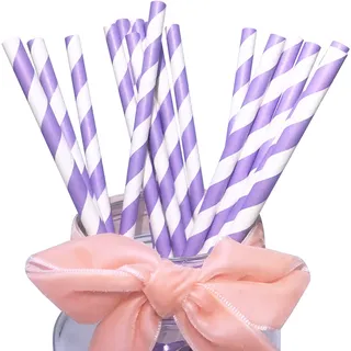 100 Stück Lila Weiß Papier Strohhalme Einweg,19,7 cm Biologisch Abbaubare Violette Weiß Gestreifte Party Trinkhalme Für Deko Taufe Mädchen Geburtstag Hochzeit