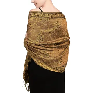 Achillea Weicher, seidiger, wendbarer Paisleymuster, Pashmina-Schal mit Fransen, Bronze, 28" W x 76" L