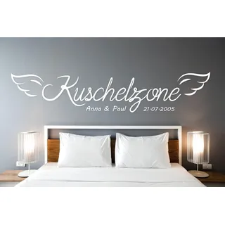 Tjapalo® A13 Kuschelzone mit Namen und Datum - Wandtattoo für Schlafzimmer, Sprüche und Liebe - Farbe: dunkelgrau, Größe: B200xH40cm
