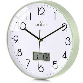 Lafocuse Lautlos Wanduhr mit Kalender Digital LCD, Modern Wanduhr mit Datum Wochentag und Thermometer, Grün Analog Quarzuhr für Wohnzimmer Schlafzimmer Büro Küche 30cm