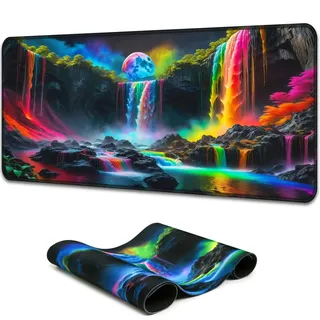 Simpkeely Gaming Mauspad Groß XXL Fantasy Wasserfall – Schwarzlicht Mausmatte Leuchtend Wasserdicht, rutschfeste Gummibasis, Große Schreibtischunterlage für Büro & Zuhause – 80 x 30 cm