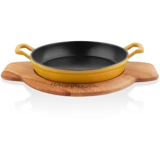 Sallys Gusseisen - Servierpfanne rund Ø 20 cm - mit Echtholzuntersetzer - Mustard Yellow