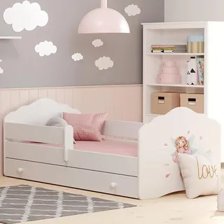 Kinderbett 80x160 cm mit Matratze und Schublade Lattenrost & abnehmbarer Rausfallschutz Bett für Kinder Bett komplett Set in weiß mit Prinzessin Motiv - Weiß
