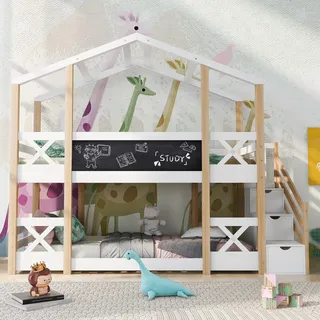 Flieks Etagenbett 90x200cm Kinderbett mit Tafel, Hochbett mit Rausfallschutz, Hausbett mit Schubladentreppe, Massivholzbett mit Lattenrost für 2 Kinder - Naturbelassen