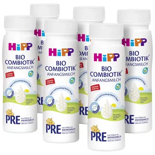 HiPP PRE Bio Combiotik trinkfertig (6 x 200ml), Anfangsmilch von Geburt an, enthält nur Lactose als Kohlenhydrat, praktische BPA‐freie Flasche