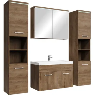 Badplaats Badmöbel Komplettset Paso XL LED 80 x 40 cm Braun Eiche - Badezimmermöbel mit Waschbecken, Spiegelschrank und 2 Badezimmerschränke - Braun