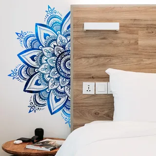 WandSticker4U®- BOHO Wandtattoo MANDALA blau (78x40 cm) I Wandsticker Blumen Mandala Lotus indisch orientalisch I Wand Aufkleber Wohnzimmer Schlafzimmer Yoga Studio Küche Flur Deko Retro