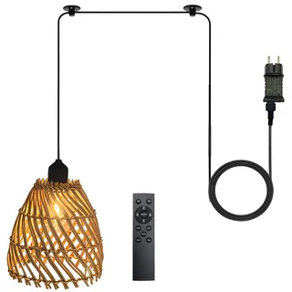 GZWY Hängelampe mit Stecker, Rattan Hängeleuchte mit 5M Kabel, hängelampe mit batterie, Pendelleuchte Akku Dimmbar, Boho Lampe Hängend mit Fernbedienung für Deko Wohnzimmer Esszimmer Flur Küche (A)