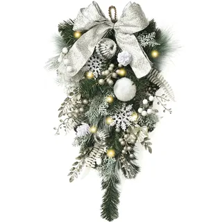 Valery Madelyn 61cm Weihnachten Teardrop Swag groß mit LED Timer, 25.6 Zoll Christmas türkranz mit Silber Kugeln Bogen Schneeflocken für Haustür, Treppe, Veranda, Outdoor, Fenster