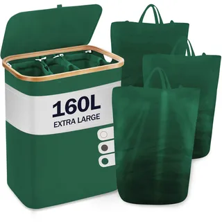 YOUDENOVA Wäschekorb mit Deckel 3 Fächer 160L Wäschesammler mit 3 Wäschesäcke Groß faltbarer Wäschesortierer Holz Bambus Wäschetruhe hoch Laundry Baskets, Grün