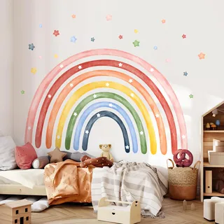 Tanlaby Wandtattoo Regenbogen Groß XXL 195x132cm Wandsticker Kinderzimmer Wandaufkleber Regenbogen Sterne Aquarell Wanddeko Babyzimmer Mädchenzimmer Schlafzimmer Klassenzimmer Deko